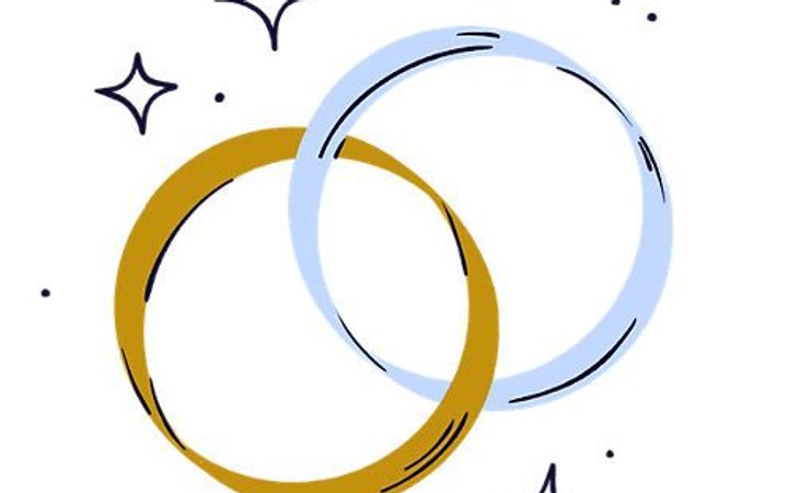 A hand-drawn illustration of two rings intertwined with sparkles around them.